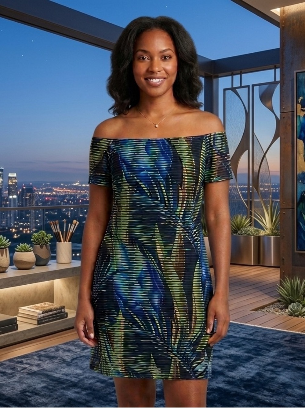 Joseph Ribkoff Off Shoulder Tropical Dress Blue Green Summer Wedding Garden sz 6